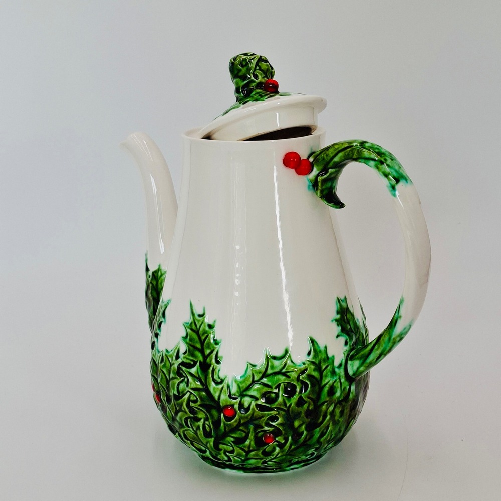 Vintage Lefton Holly Berry Coffee Pot 603 Japan Christmas Porcelain Teapot 9"